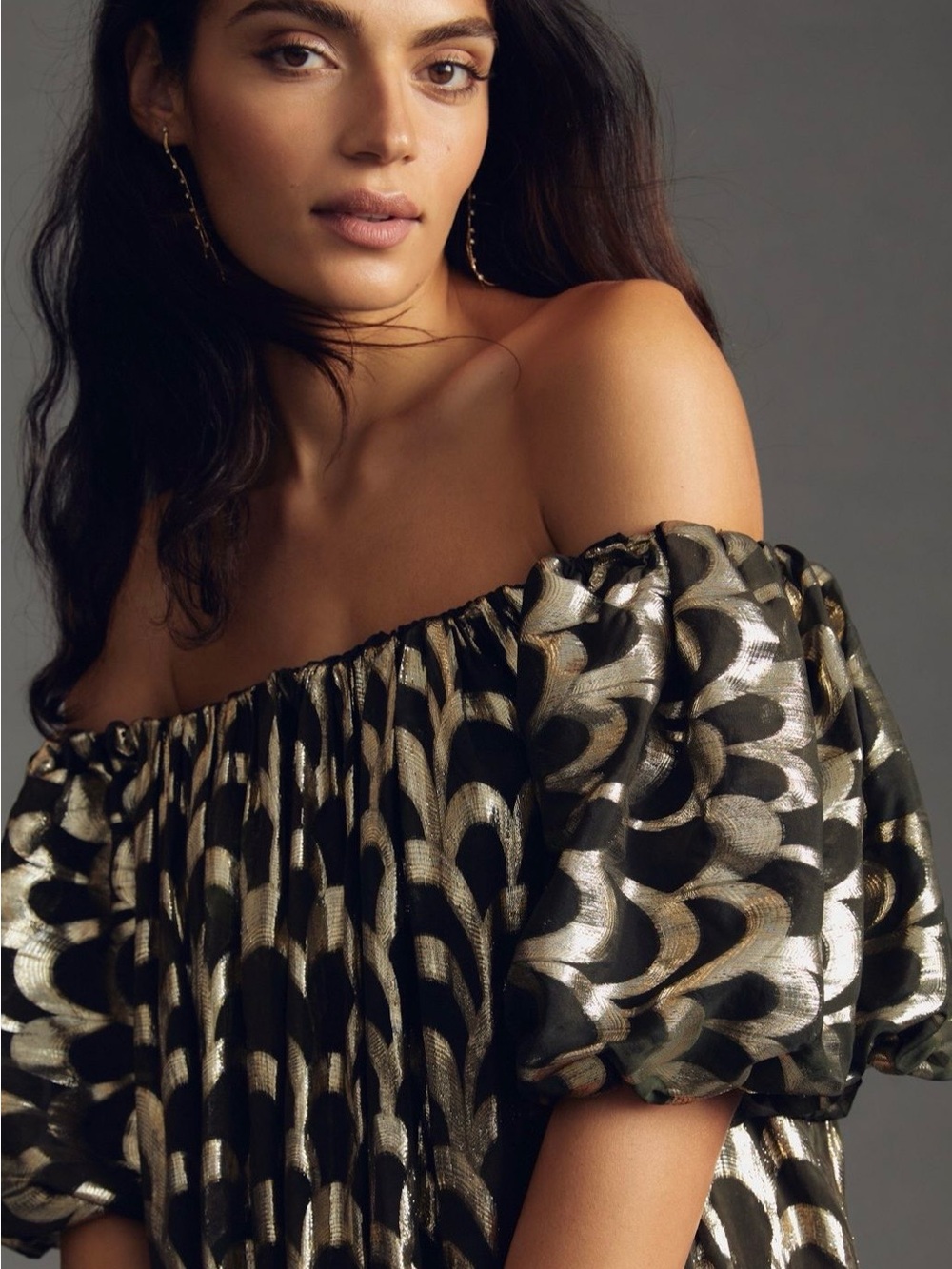 Delfi Collective Off-Shoulder Metallic Black & Gold Maxi Dress - Picture 2 of 6